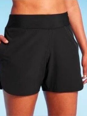 NWT Lands End 5" UPF 50 High Waisted Swim Beach Shorts Black Pockets Size Medium